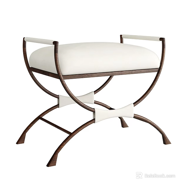 Elegant Modern Sofa Stool with White Padded Seat Brown Metal Frame and Armrests 3d model 