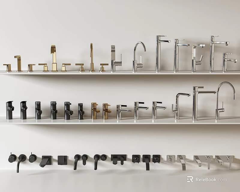 Various Faucets Displayed on White Shelves with Different Colors and Styles 3d model 