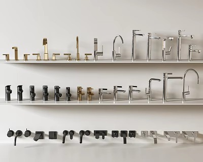 Various Faucets Displayed on White Shelves with Different Colors and Styles 3d model
