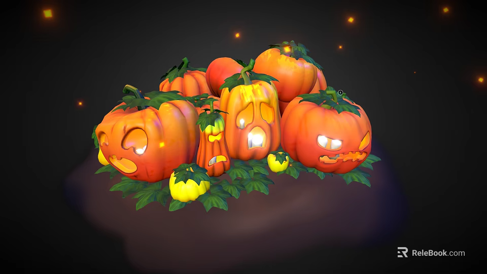 Pumpkin Vegetables Carved Into Jack O Lanterns With Green Leaves And Small Pumpkins 3d model 