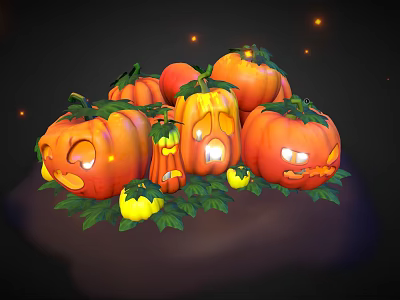 Pumpkin Vegetables Carved Into Jack O Lanterns With Green Leaves And Small Pumpkins 3d model