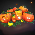Pumpkin Vegetables Carved Into Jack O Lanterns With Green Leaves And Small Pumpkins