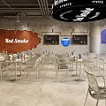 Modern Red Smoke Restaurant Interior With Infinity Theme Tables Chairs And Green Plants