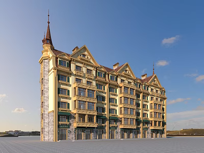 Elegant Classic Residential Building With Yellow Exterior Tower Pointed Roof And Decorative Windows 3d model