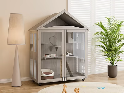 Stylish Pet Cage Interior With Glass Doors Cozy Bed Shelves Floor Lamp and Potted Plant 3d model