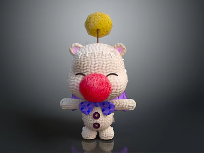 Cute White Plush Doll With Red Nose Yellow Top Ball And Purple Bow Tie 3d model