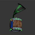 Wooden Barrel Decorative Item With Green Flame Metal Ring Green Spikes And Blue Handle