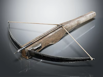 Ancient Crossbow Historical Weapon With Wooden Body Bowstring And Metal Parts 3d model