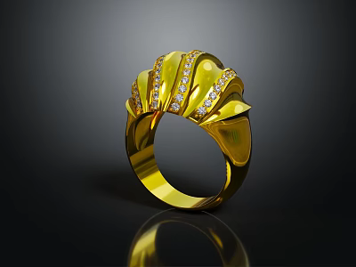 Elegant Gold Ring With Sparkling Diamonds And Curved Design Details 3d model