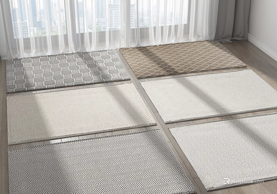 Various Square Rugs With Diverse Textures And Tones On Wooden Floor With Natural Light 3d model 