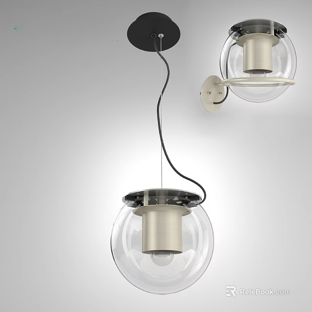 Modern Lighting Combination Featuring Clear Glass Pendant And Wall Lamps With Metal Bases 3d model 