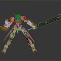 Futuristic Mecha Robot Character With Yellow Horn Blue Red Details And Large Sword