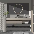 Modern Bathroom Vanity With Round Backlit Mirror White Countertop And Wall Grid Design 3d model