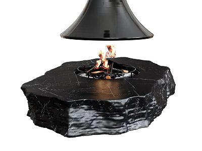 Modern Black Stone Fireplace With Burning Flames And Hanging Black Hood Design 3d model