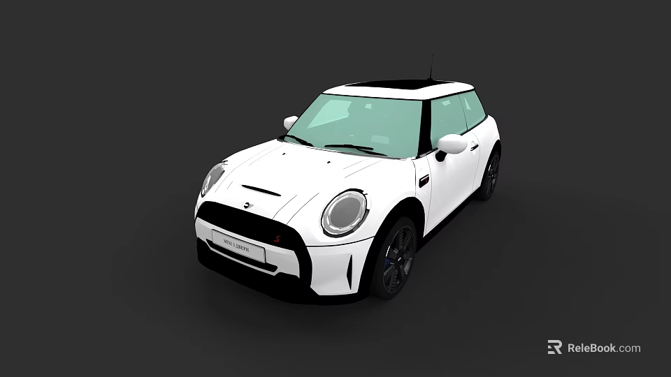 White Mini Cooper Two Door Car With Black Roof And Round Headlights 3d model 