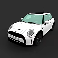 White Mini Cooper Two Door Car With Black Roof And Round Headlights