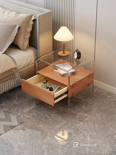 Modern Glass Frame Nightstand With Wooden Drawer Table Lamp And Alarm Clock 3d model 