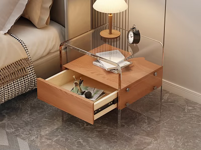 Modern Glass Frame Nightstand With Wooden Drawer Table Lamp And Alarm Clock 3d model