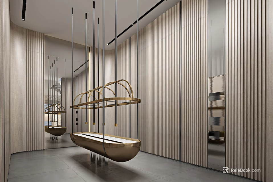 Modern Exhibition Hall Interior With Gold Metal Hanging Installation And Wooden Striped Walls 3d model 