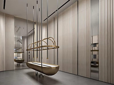 Modern Exhibition Hall Interior With Gold Metal Hanging Installation And Wooden Striped Walls 3d model