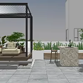 Modern Rooftop Garden With Pergola White Sofas Green Plants And Stone Bar Counter