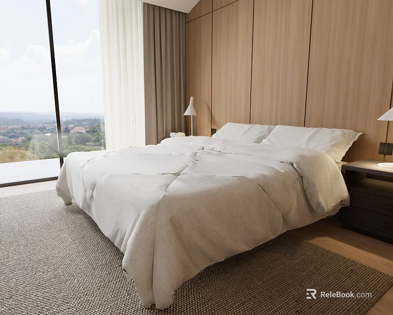Modern Bedroom Double Bed with White Linens Wooden Panel Wall and Scenic Window View 3d model 