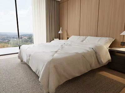 Modern Bedroom Double Bed with White Linens Wooden Panel Wall and Scenic Window View 3d model