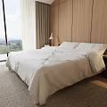 Modern Bedroom Double Bed with White Linens Wooden Panel Wall and Scenic Window View