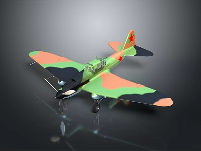 Detailed Vintage Military Airplane Model With Camouflage Green Orange Black Paint And Red Star Tail 3d model