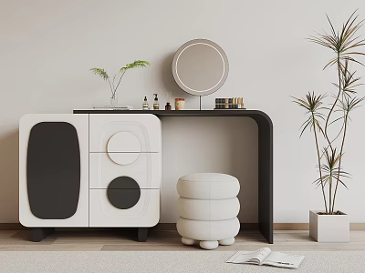 Modern White and Black Dressing Table with Round Mirror Stool Plant and Cosmetic Bottles 3d model