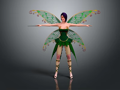 Game And Movie Fairy Character With Green Wings Purple Hair And Wand 3d model