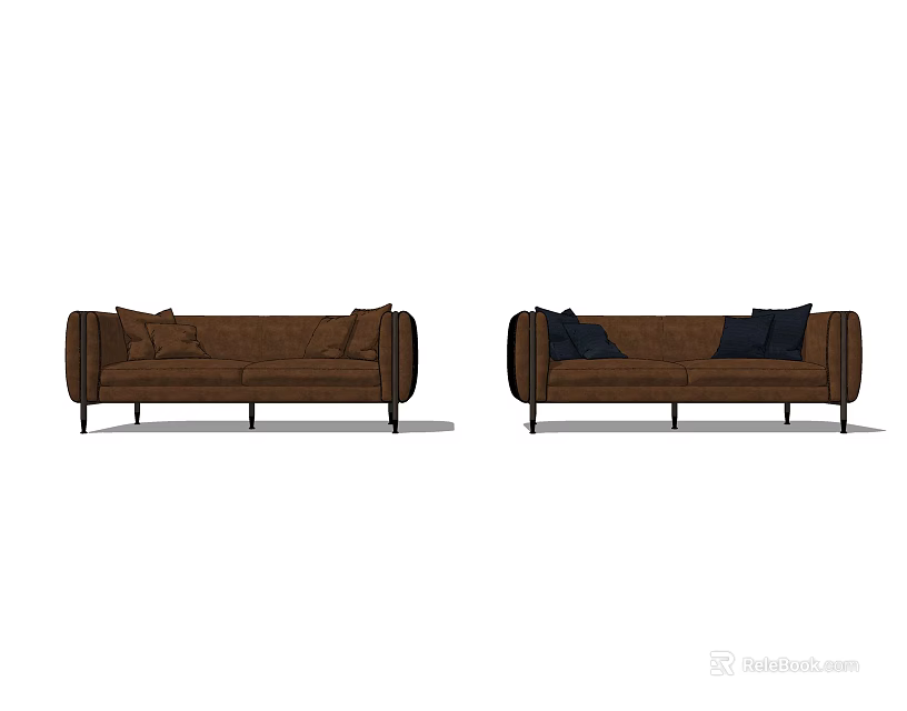 Modern two-seater sofa in brown with light brown and dark blue cushions and black legs 3d model 