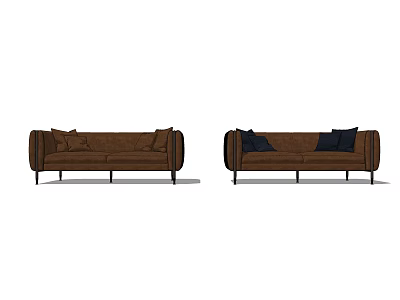 Modern two-seater sofa in brown with light brown and dark blue cushions and black legs 3d model