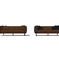 Modern two-seater sofa in brown with light brown and dark blue cushions and black legs
