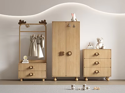 Wooden Decorative Cabinet In Kids Room With Clothes Rack Teddy Bear And Small Decorations 3d model