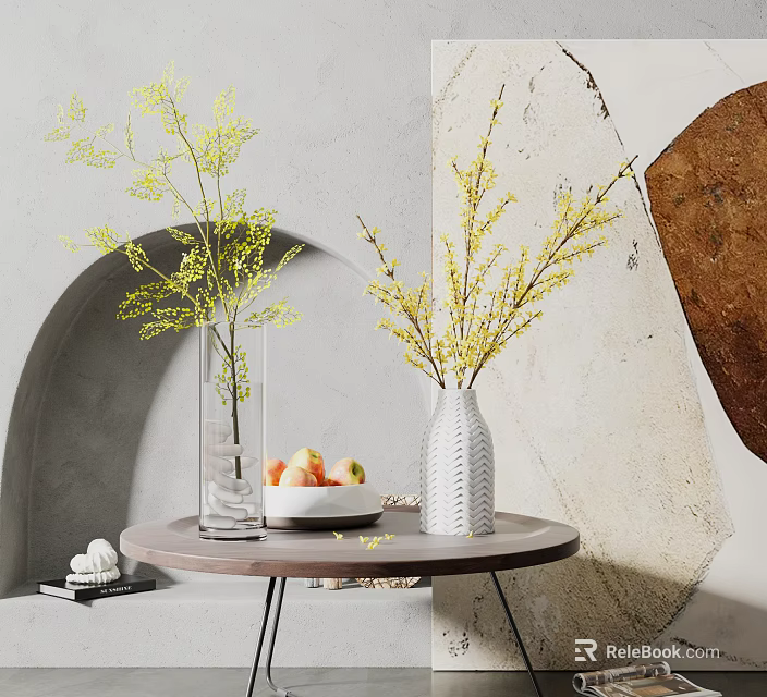 Elegant Decorative Ornament Set Featuring Glass White Vases Yellow Branches Fruit Bowl On Round Table Gray Wall Arched Design 3d model 