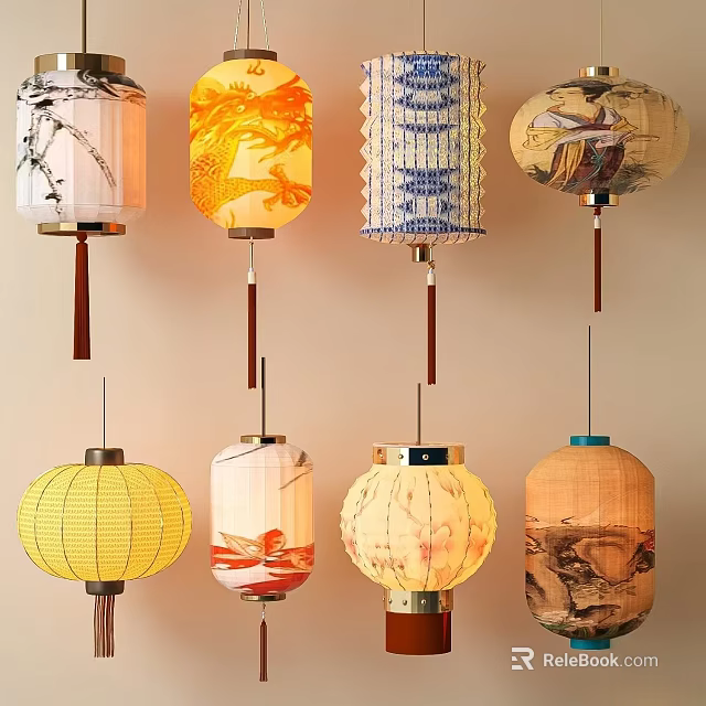 Traditional Chinese Lanterns With Various Artistic Patterns Hanging Colorfully And Decoratively 3d model 
