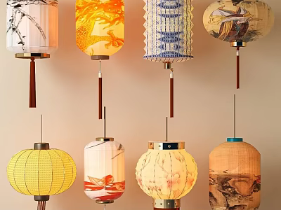 Traditional Chinese Lanterns With Various Artistic Patterns Hanging Colorfully And Decoratively 3d model