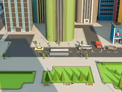 Cartoon City Scene With Colorful Tall Buildings Streets Vehicles And Green Parks 3d model