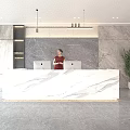 Modern Front Desk Reception With Marble Countertop Red Receptionist Gray Backdrop Wall And Green Plant