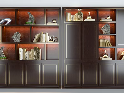 Elegant Modern Wooden Bookcase With Gold Trim Shelves And Decorative Items Lighting 3d model