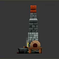 Blacksmith Workshop Stone Fireplace With Anvil Wooden Stump Chair And Burning Flame