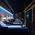Modern SPA Sauna Room With Dark Blue Sofa Beds Blue Gradient Curtains And SEN5 Screen