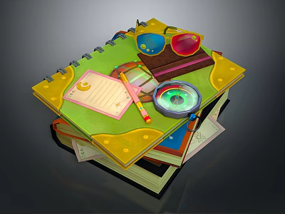 Essential Daily Life Supplies With Notebook Magnifying Glass Glasses Pencil And Note 3d model