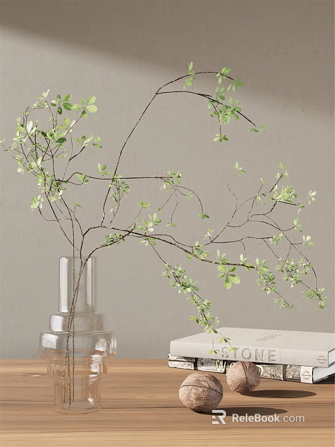 Decorative Clear Glass Vase With Green Leafy Branches For Minimalist Indoor Home Decor 3d model 