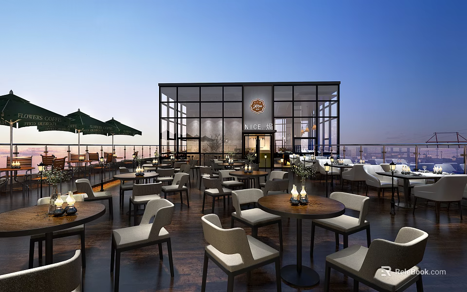 Modern Restaurant Open Kitchen Interior With Stylish Design And Dining Area 3d model 