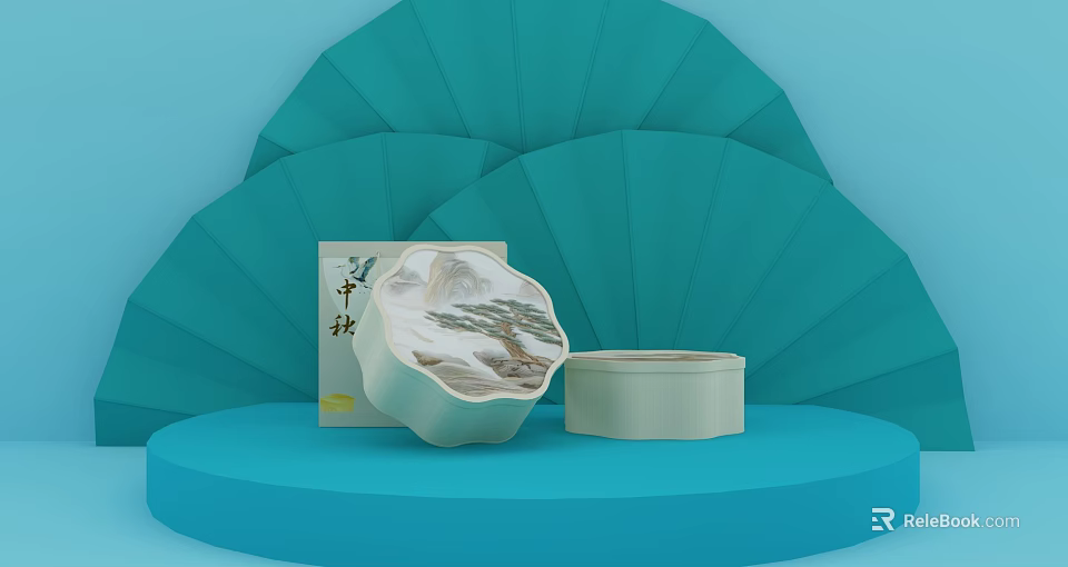 Chinese Style Opened Box With Landscape Design And Cylindrical Container On Blue Fan Background 3d model 