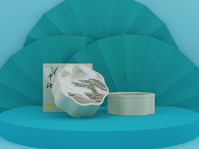 Chinese Style Opened Box With Landscape Design And Cylindrical Container On Blue Fan Background 3d model