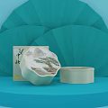 Chinese Style Opened Box With Landscape Design And Cylindrical Container On Blue Fan Background