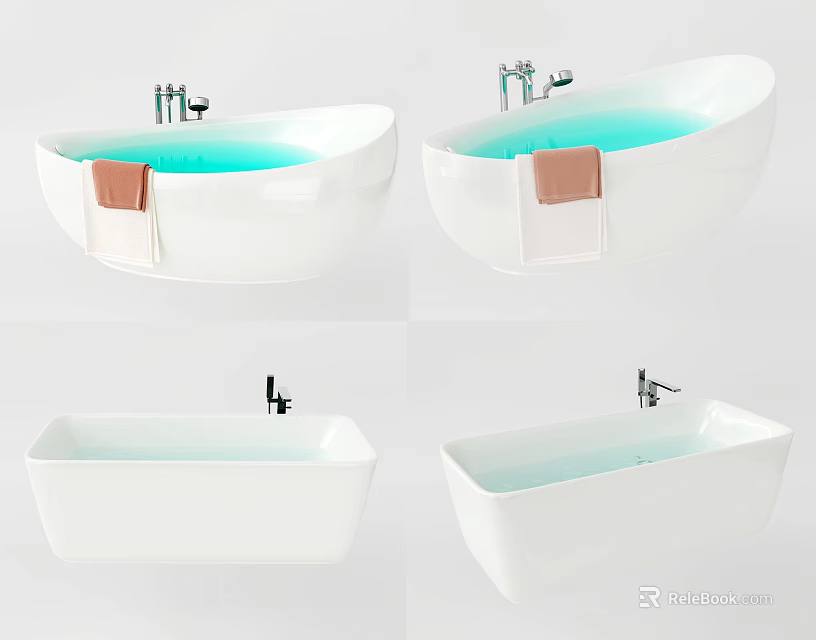 White Bathtub Designs With Oval And Rectangular Shapes Faucet And Towel 3d model 